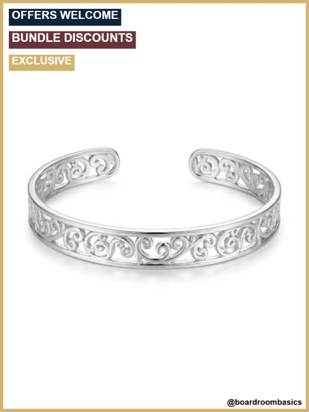 18K White Gold Plated Cuff Bracelet Adjustable Open Bangle Filigree Women